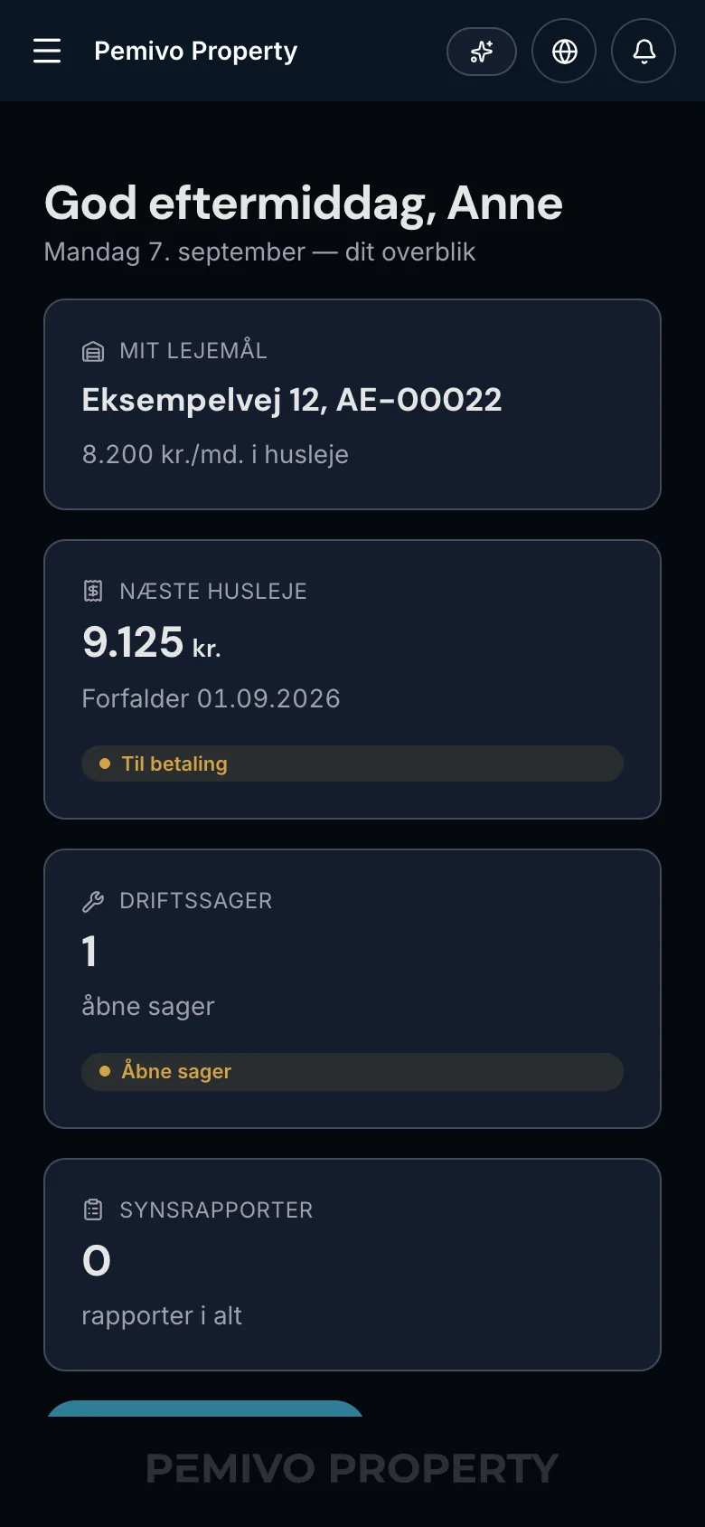 Lejerportalen på mobil med lejerens lejemål, næste husleje til betaling, åbne driftssager og synsrapporter