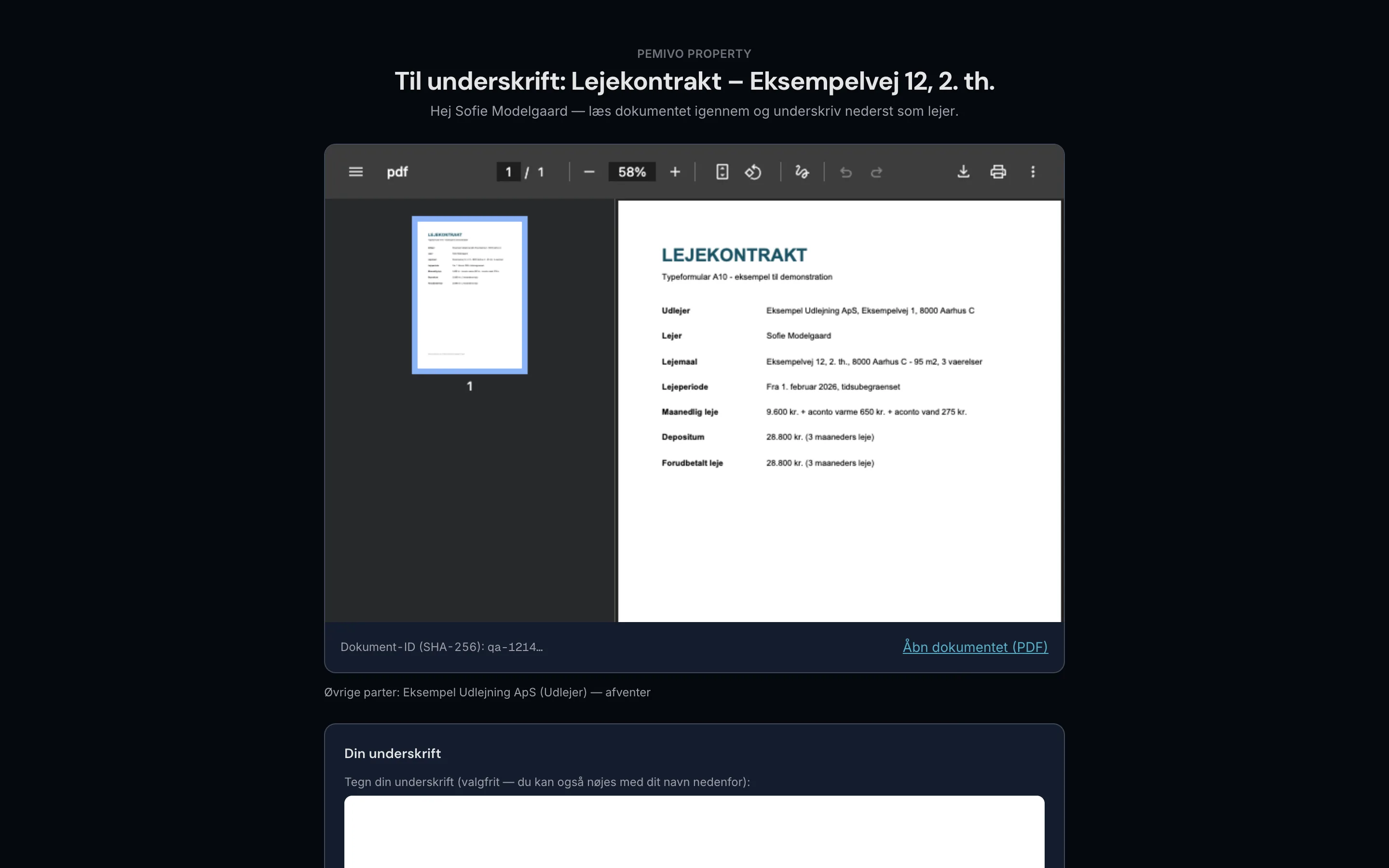 Underskriftssiden, som lejeren får tilsendt: kontrakten som PDF med dokument-id og feltet til at tegne sin underskrift
