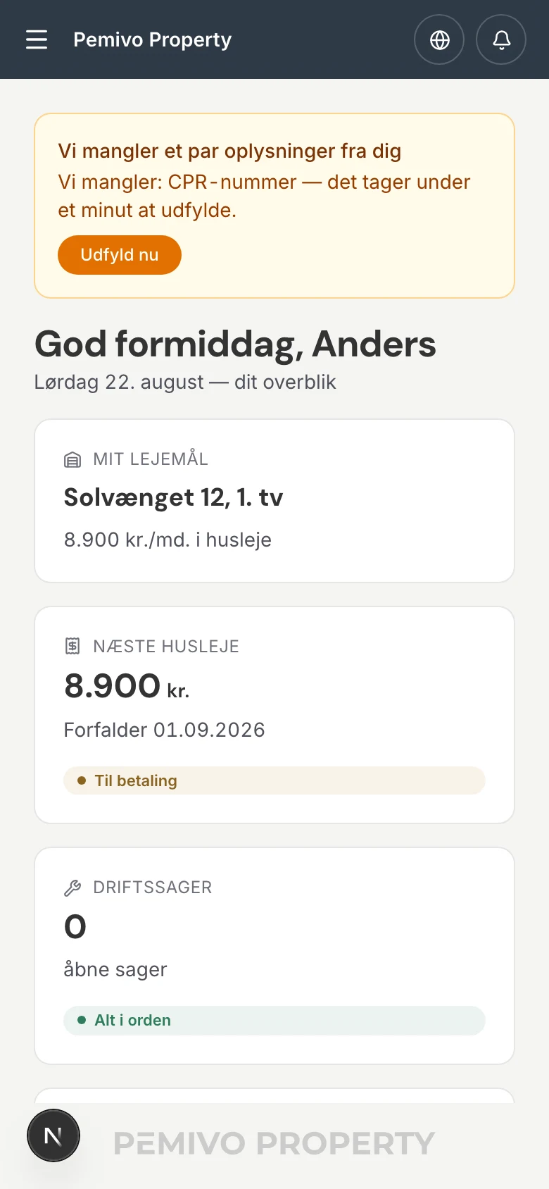 Lejerportalens forside på mobil