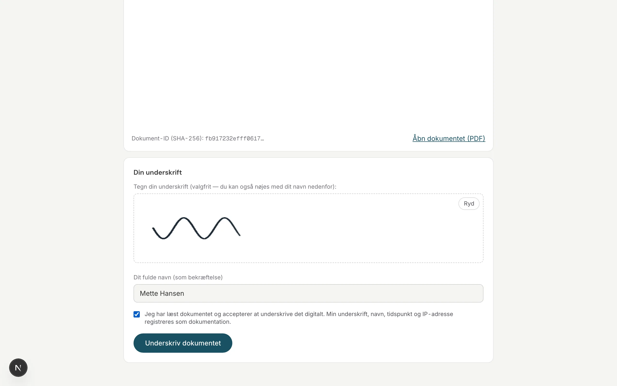 Underskriftssiden på mobil